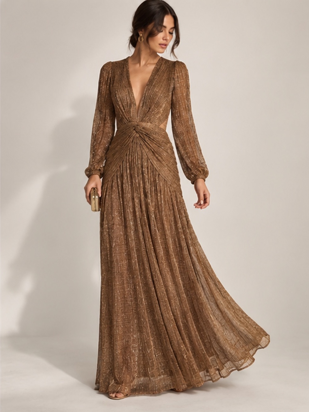 Gianni Bini Women's Brown Cutout Wrap Maxi Dress Long Sleeve Size 12 NWT